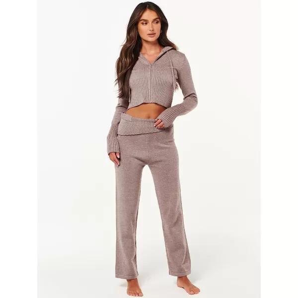 imageANRABESS Womens Two Piece Outfits Sweater Sets Zip Up Hooded Tops and High Waist Wide Leg Skinny Pants Tracksuit Lounge SetsCamel