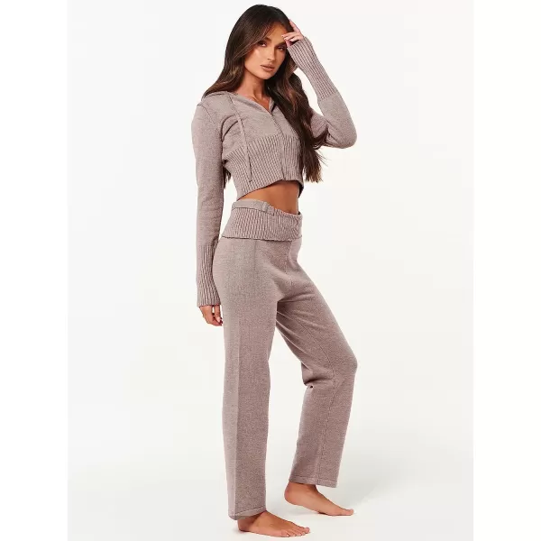 imageANRABESS Womens Two Piece Outfits Sweater Sets Zip Up Hooded Tops and High Waist Wide Leg Skinny Pants Tracksuit Lounge SetsCamel