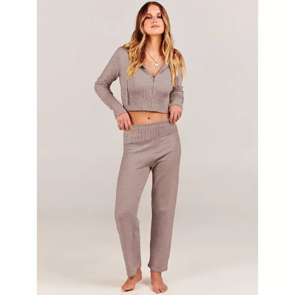 imageANRABESS Womens Two Piece Outfits Sweater Sets Zip Up Hooded Tops and High Waist Wide Leg Skinny Pants Tracksuit Lounge SetsCamel