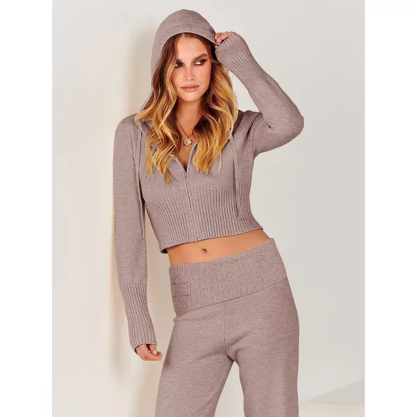 imageANRABESS Womens Two Piece Outfits Sweater Sets Zip Up Hooded Tops and High Waist Wide Leg Skinny Pants Tracksuit Lounge SetsCamel