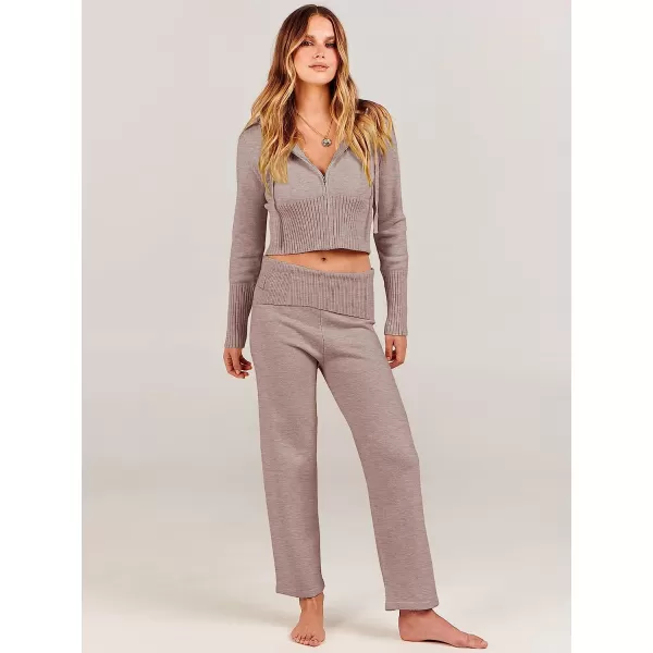 imageANRABESS Womens Two Piece Outfits Sweater Sets Zip Up Hooded Tops and High Waist Wide Leg Skinny Pants Tracksuit Lounge SetsCamel