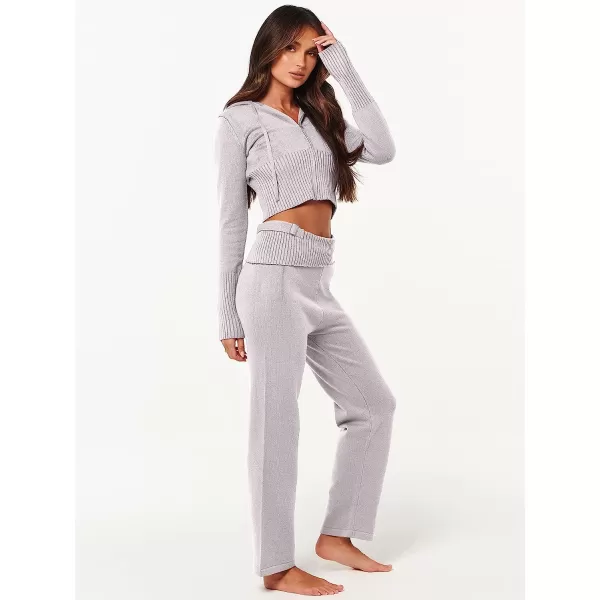 imageANRABESS Womens Two Piece Outfits Sweater Sets Zip Up Hooded Tops and High Waist Wide Leg Skinny Pants Tracksuit Lounge SetsGrey