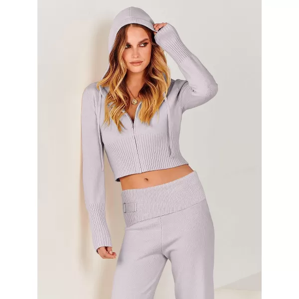 imageANRABESS Womens Two Piece Outfits Sweater Sets Zip Up Hooded Tops and High Waist Wide Leg Skinny Pants Tracksuit Lounge SetsGrey