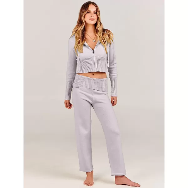 imageANRABESS Womens Two Piece Outfits Sweater Sets Zip Up Hooded Tops and High Waist Wide Leg Skinny Pants Tracksuit Lounge SetsGrey