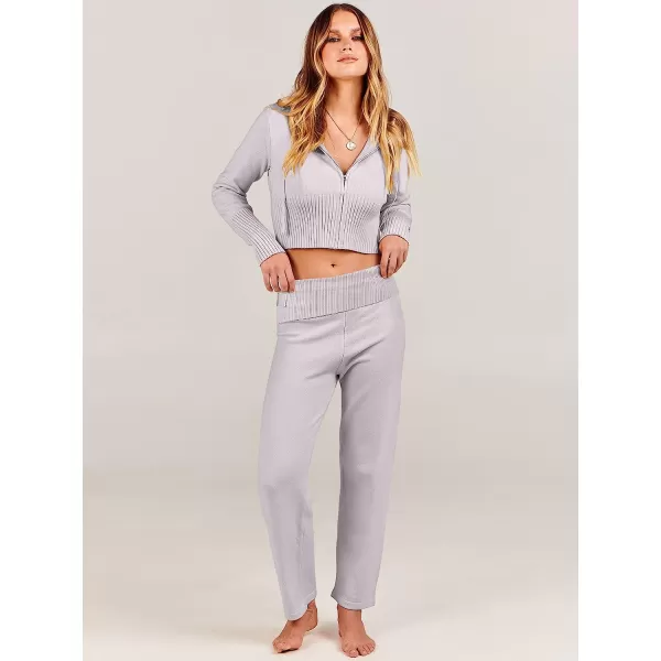imageANRABESS Womens Two Piece Outfits Sweater Sets Zip Up Hooded Tops and High Waist Wide Leg Skinny Pants Tracksuit Lounge SetsGrey