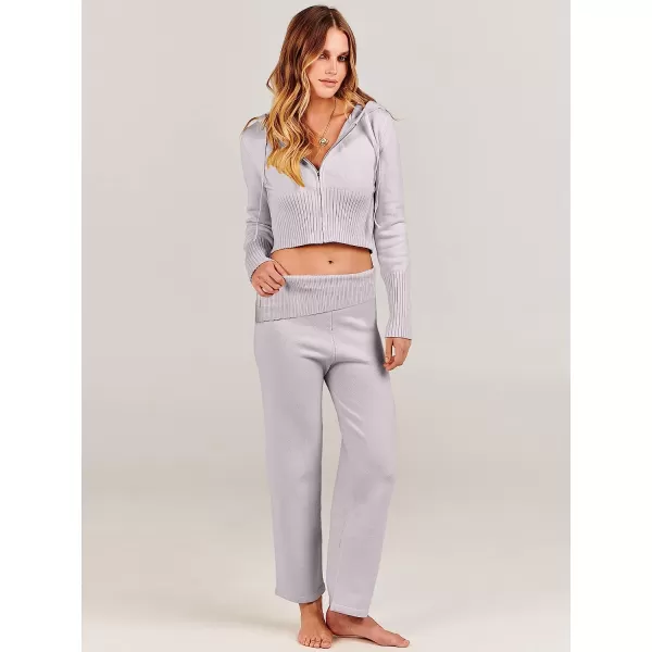 imageANRABESS Womens Two Piece Outfits Sweater Sets Zip Up Hooded Tops and High Waist Wide Leg Skinny Pants Tracksuit Lounge SetsGrey