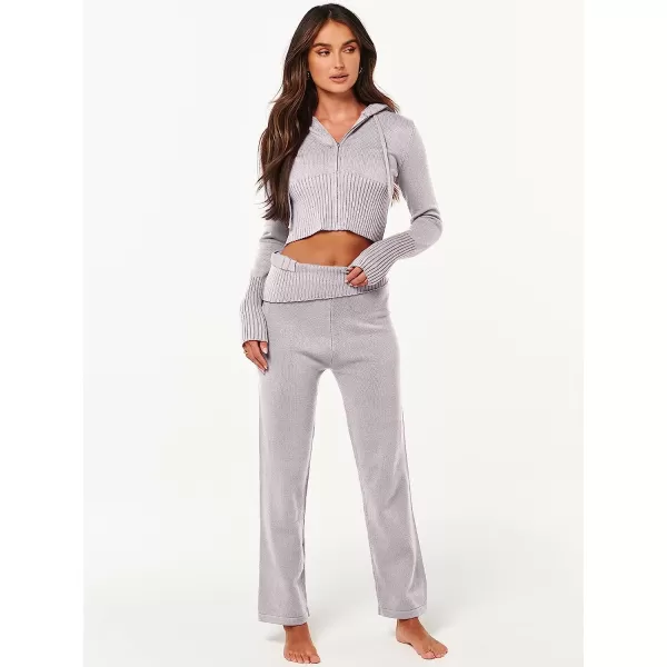 imageANRABESS Womens Two Piece Outfits Sweater Sets Zip Up Hooded Tops and High Waist Wide Leg Skinny Pants Tracksuit Lounge SetsGrey