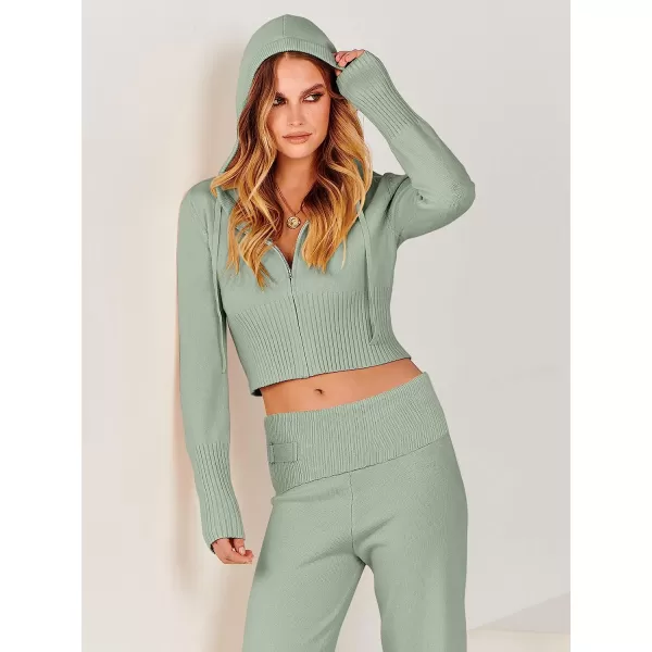 imageANRABESS Womens Two Piece Outfits Sweater Sets Zip Up Hooded Tops and High Waist Wide Leg Skinny Pants Tracksuit Lounge SetsMint Green