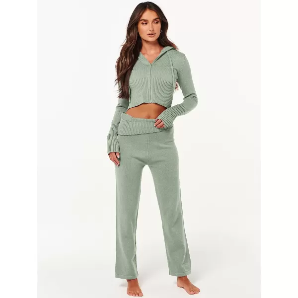 imageANRABESS Womens Two Piece Outfits Sweater Sets Zip Up Hooded Tops and High Waist Wide Leg Skinny Pants Tracksuit Lounge SetsMint Green