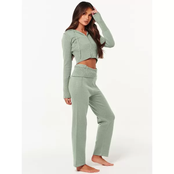 imageANRABESS Womens Two Piece Outfits Sweater Sets Zip Up Hooded Tops and High Waist Wide Leg Skinny Pants Tracksuit Lounge SetsMint Green