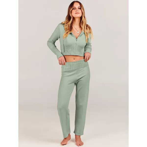 imageANRABESS Womens Two Piece Outfits Sweater Sets Zip Up Hooded Tops and High Waist Wide Leg Skinny Pants Tracksuit Lounge SetsMint Green