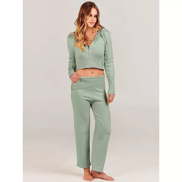 imageANRABESS Womens Two Piece Outfits Sweater Sets Zip Up Hooded Tops and High Waist Wide Leg Skinny Pants Tracksuit Lounge SetsMint Green