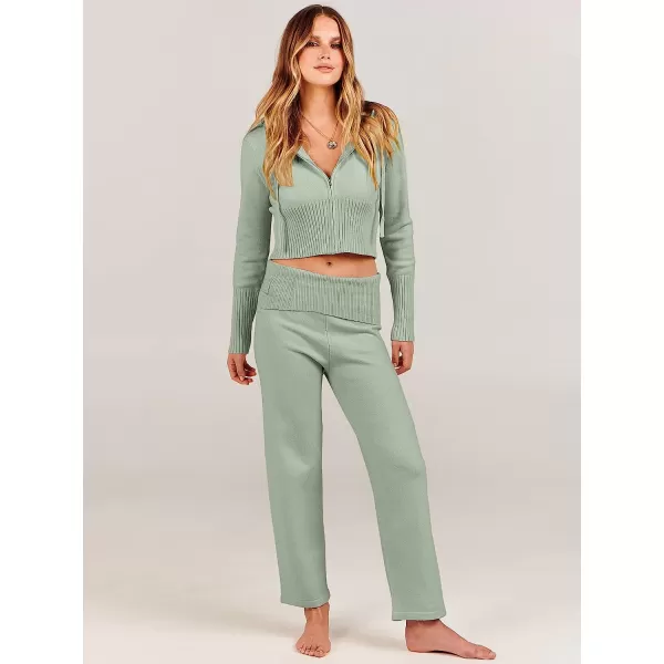 imageANRABESS Womens Two Piece Outfits Sweater Sets Zip Up Hooded Tops and High Waist Wide Leg Skinny Pants Tracksuit Lounge SetsMint Green