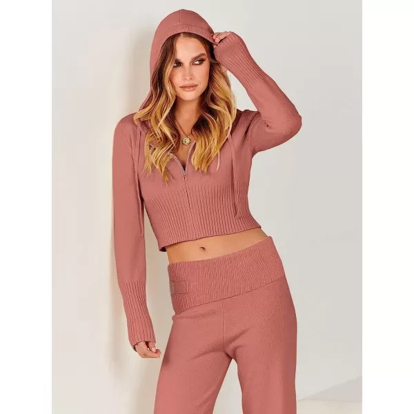 imageANRABESS Womens Two Piece Outfits Sweater Sets Zip Up Hooded Tops and High Waist Wide Leg Skinny Pants Tracksuit Lounge SetsRust