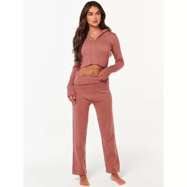 imageANRABESS Womens Two Piece Outfits Sweater Sets Zip Up Hooded Tops and High Waist Wide Leg Skinny Pants Tracksuit Lounge SetsRust