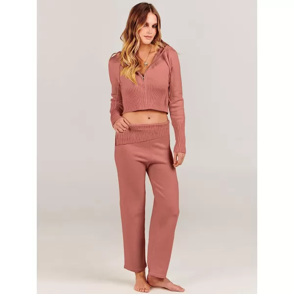imageANRABESS Womens Two Piece Outfits Sweater Sets Zip Up Hooded Tops and High Waist Wide Leg Skinny Pants Tracksuit Lounge SetsRust