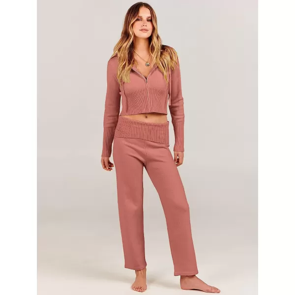imageANRABESS Womens Two Piece Outfits Sweater Sets Zip Up Hooded Tops and High Waist Wide Leg Skinny Pants Tracksuit Lounge SetsRust