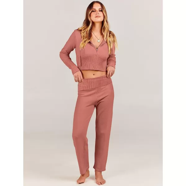 imageANRABESS Womens Two Piece Outfits Sweater Sets Zip Up Hooded Tops and High Waist Wide Leg Skinny Pants Tracksuit Lounge SetsRust