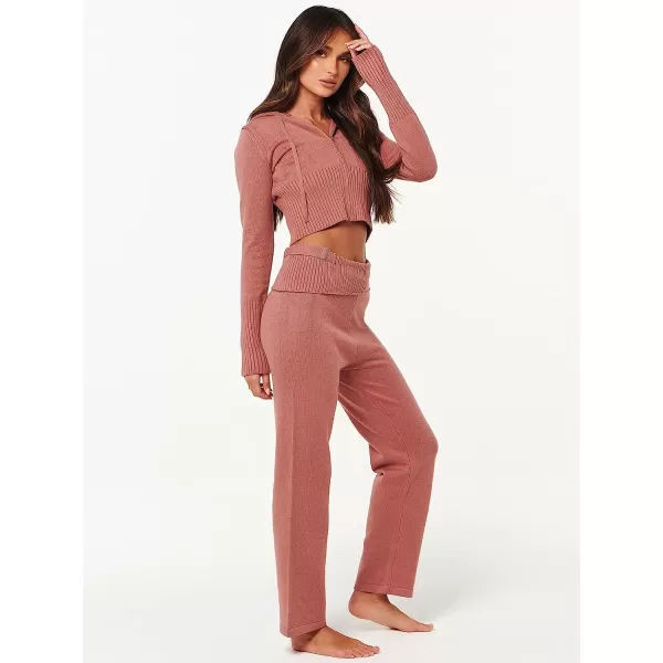 imageANRABESS Womens Two Piece Outfits Sweater Sets Zip Up Hooded Tops and High Waist Wide Leg Skinny Pants Tracksuit Lounge SetsRust