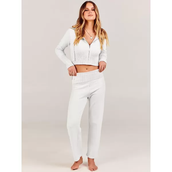 imageANRABESS Womens Two Piece Outfits Sweater Sets Zip Up Hooded Tops and High Waist Wide Leg Skinny Pants Tracksuit Lounge SetsWhite