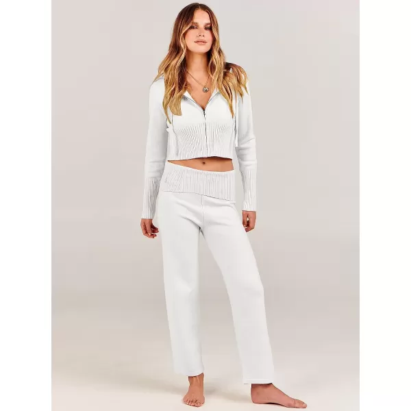 imageANRABESS Womens Two Piece Outfits Sweater Sets Zip Up Hooded Tops and High Waist Wide Leg Skinny Pants Tracksuit Lounge SetsWhite