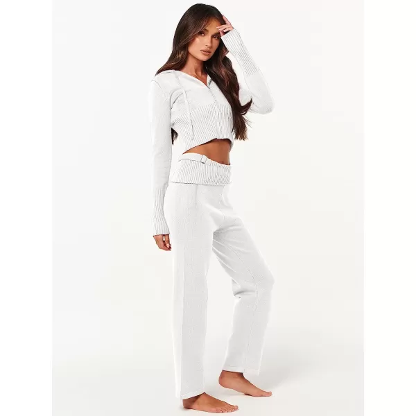 imageANRABESS Womens Two Piece Outfits Sweater Sets Zip Up Hooded Tops and High Waist Wide Leg Skinny Pants Tracksuit Lounge SetsWhite