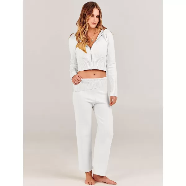 imageANRABESS Womens Two Piece Outfits Sweater Sets Zip Up Hooded Tops and High Waist Wide Leg Skinny Pants Tracksuit Lounge SetsWhite