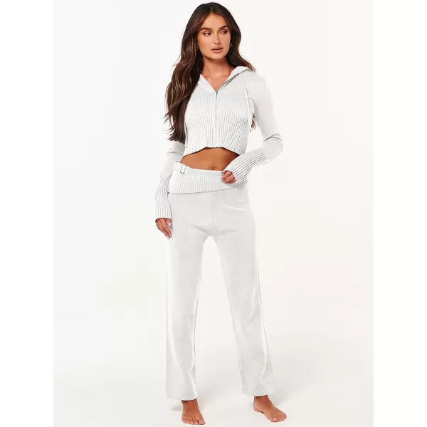 imageANRABESS Womens Two Piece Outfits Sweater Sets Zip Up Hooded Tops and High Waist Wide Leg Skinny Pants Tracksuit Lounge SetsWhite