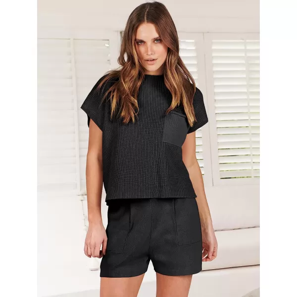 imageANRABESS Womens Two Piece Outfits Sweater Short Sets Knit Pullover Tops and Shorts Lounge Set TracksuitBlack