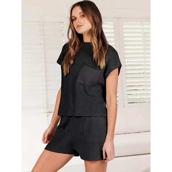 imageANRABESS Womens Two Piece Outfits Sweater Short Sets Knit Pullover Tops and Shorts Lounge Set TracksuitBlack