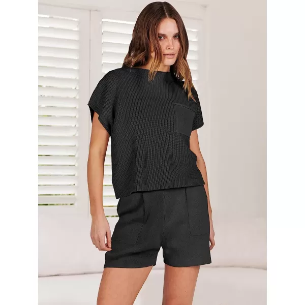 imageANRABESS Womens Two Piece Outfits Sweater Short Sets Knit Pullover Tops and Shorts Lounge Set TracksuitBlack
