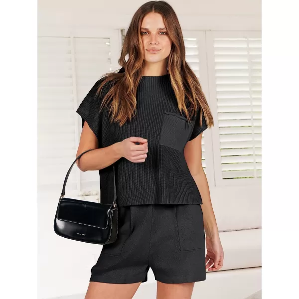 imageANRABESS Womens Two Piece Outfits Sweater Short Sets Knit Pullover Tops and Shorts Lounge Set TracksuitBlack