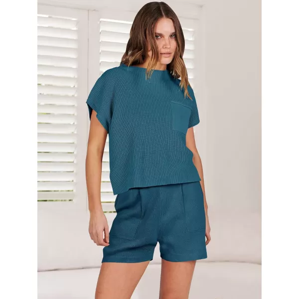 imageANRABESS Womens Two Piece Outfits Sweater Short Sets Knit Pullover Tops and Shorts Lounge Set TracksuitBlue