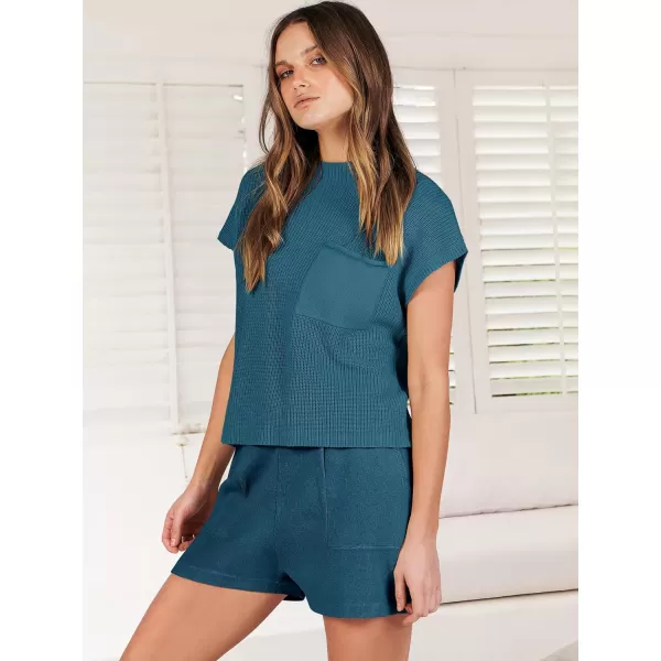 imageANRABESS Womens Two Piece Outfits Sweater Short Sets Knit Pullover Tops and Shorts Lounge Set TracksuitBlue