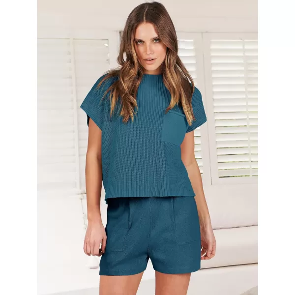 imageANRABESS Womens Two Piece Outfits Sweater Short Sets Knit Pullover Tops and Shorts Lounge Set TracksuitBlue