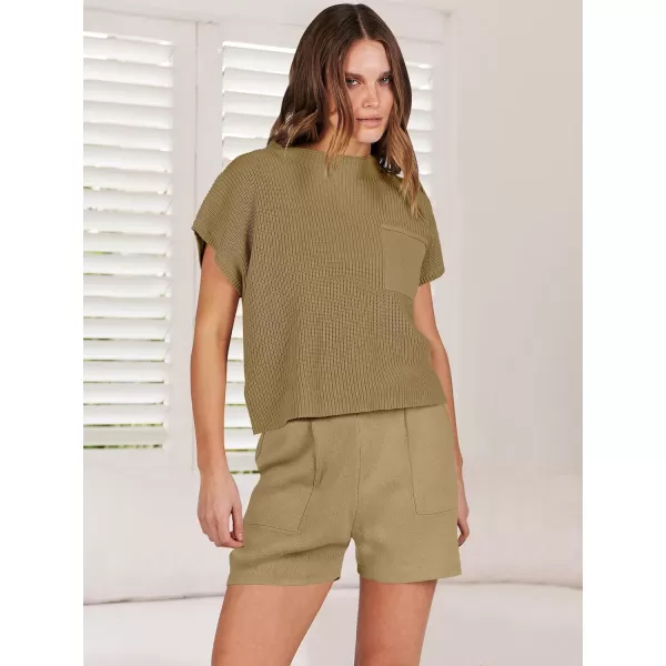 imageANRABESS Womens Two Piece Outfits Sweater Short Sets Knit Pullover Tops and Shorts Lounge Set TracksuitBrown