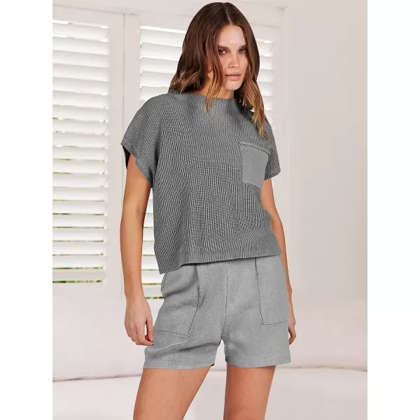 imageANRABESS Womens Two Piece Outfits Sweater Short Sets Knit Pullover Tops and Shorts Lounge Set TracksuitDark Grey