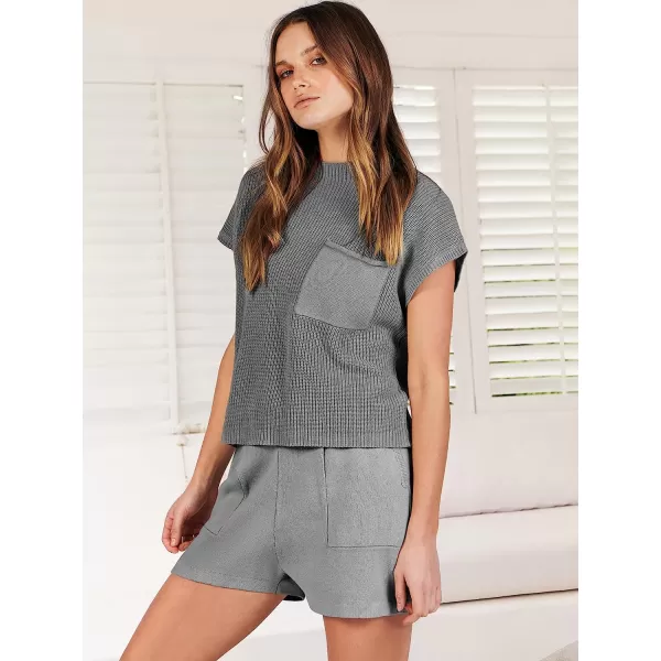 imageANRABESS Womens Two Piece Outfits Sweater Short Sets Knit Pullover Tops and Shorts Lounge Set TracksuitDark Grey
