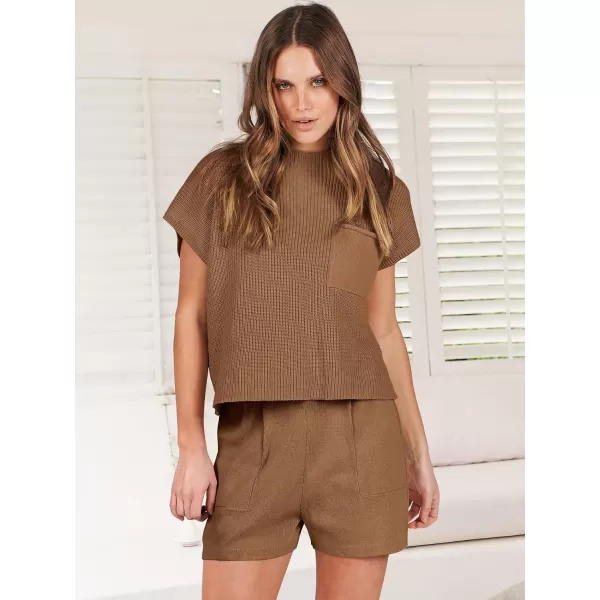imageANRABESS Womens Two Piece Outfits Sweater Short Sets Knit Pullover Tops and Shorts Lounge Set TracksuitDeep Brown