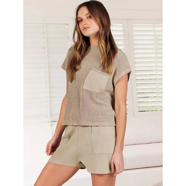 imageANRABESS Womens Two Piece Outfits Sweater Short Sets Knit Pullover Tops and Shorts Lounge Set TracksuitKhaki