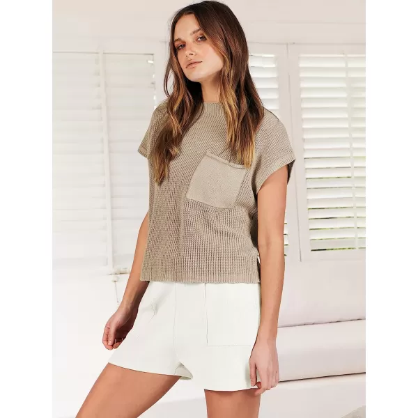 imageANRABESS Womens Two Piece Outfits Sweater Short Sets Knit Pullover Tops and Shorts Lounge Set TracksuitKhaki White
