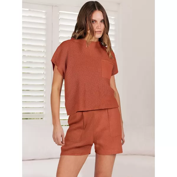 imageANRABESS Womens Two Piece Outfits Sweater Short Sets Knit Pullover Tops and Shorts Lounge Set TracksuitRust
