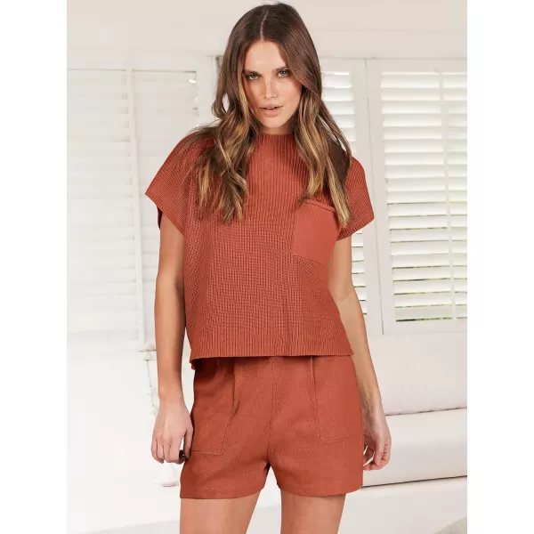 imageANRABESS Womens Two Piece Outfits Sweater Short Sets Knit Pullover Tops and Shorts Lounge Set TracksuitRust