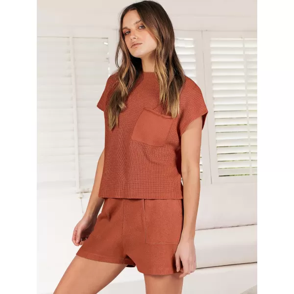 imageANRABESS Womens Two Piece Outfits Sweater Short Sets Knit Pullover Tops and Shorts Lounge Set TracksuitRust