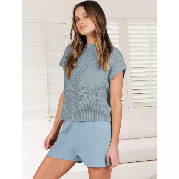imageANRABESS Womens Two Piece Outfits Sweater Short Sets Knit Pullover Tops and Shorts Lounge Set TracksuitSky