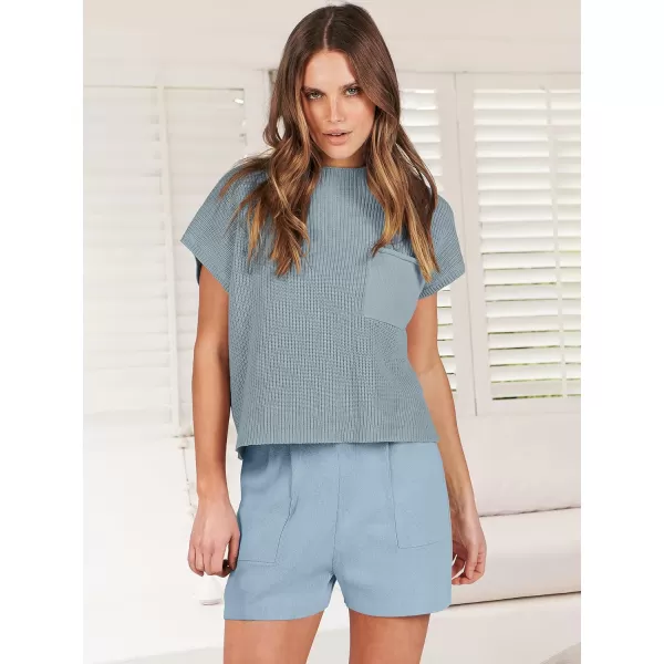 imageANRABESS Womens Two Piece Outfits Sweater Short Sets Knit Pullover Tops and Shorts Lounge Set TracksuitSky