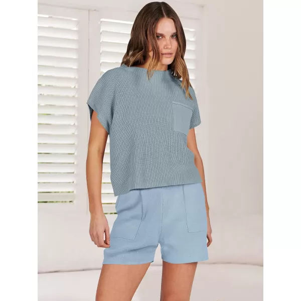 imageANRABESS Womens Two Piece Outfits Sweater Short Sets Knit Pullover Tops and Shorts Lounge Set TracksuitSky