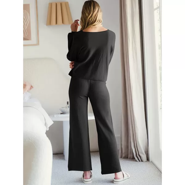 imageANRABESS Womens Two Piece Outfits Sweatsuit Long Lantern Sleeve Crewneck Crop Top with Wide Leg Pants Sweater SetsBlack