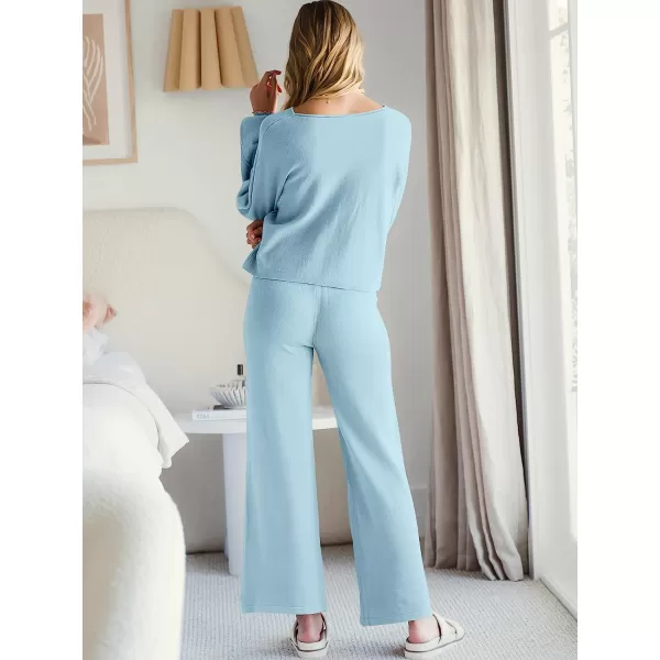 imageANRABESS Womens Two Piece Outfits Sweatsuit Long Lantern Sleeve Crewneck Crop Top with Wide Leg Pants Sweater SetsBlue