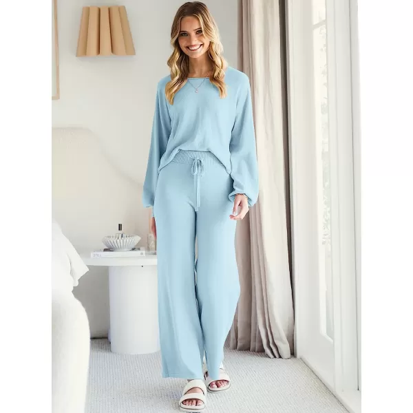 imageANRABESS Womens Two Piece Outfits Sweatsuit Long Lantern Sleeve Crewneck Crop Top with Wide Leg Pants Sweater SetsBlue